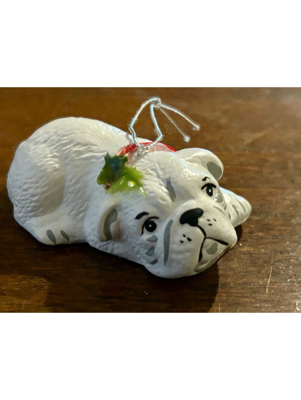 Vintage White Bulldog Christmas Ornament with Holly Accent